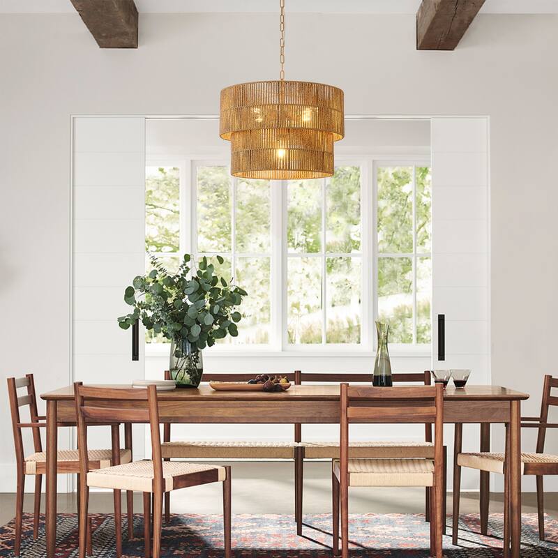 5-Light Rattan Tiered Drum Chandelier Light -21.7 in. W - 21.7 in. W