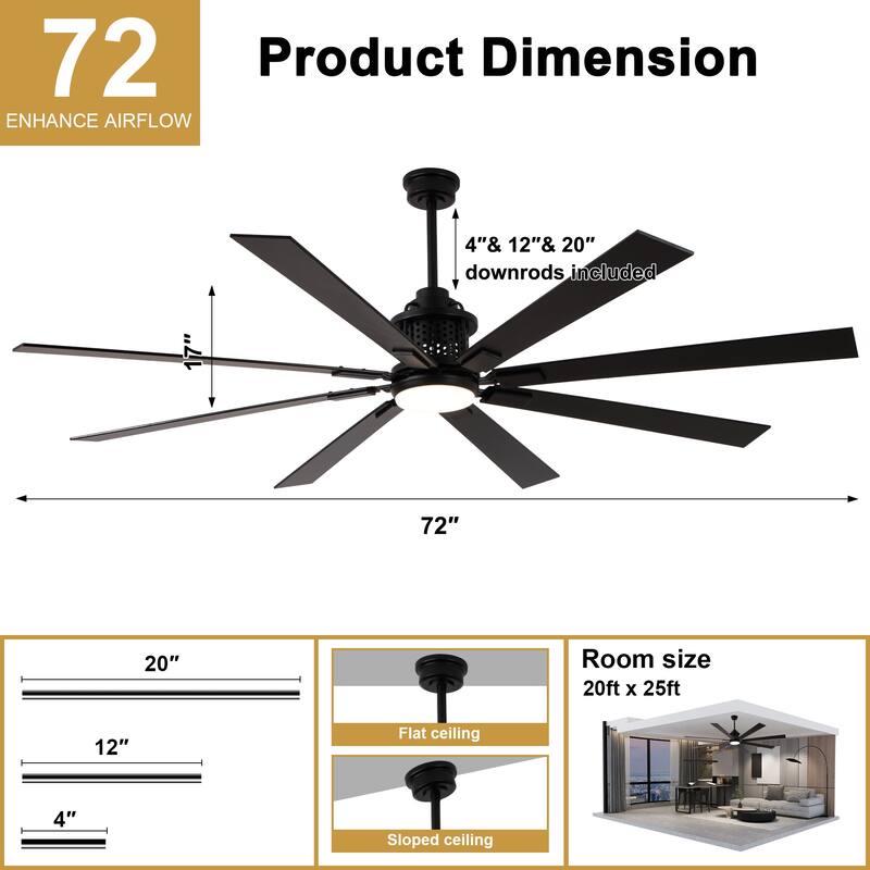 Cusp Barn 72 Inch Indoor/Outdoor Black Modern Large Ceiling Fan with Lights and Remote, Reversible Quiet DC Motor Ceiling Fan