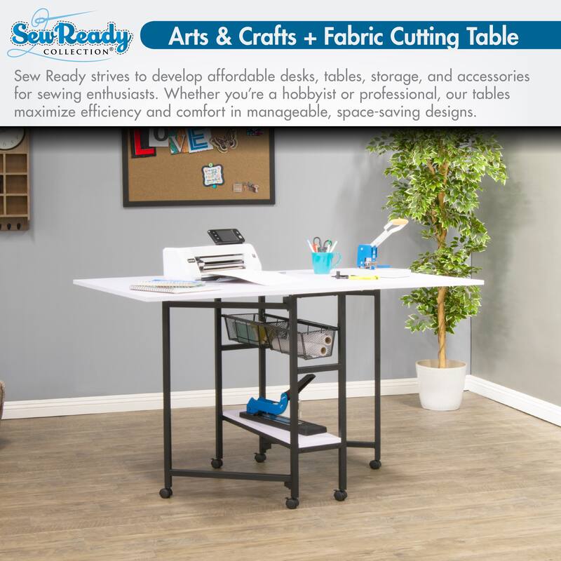 Sew Ready Standing Height (36" H) Mobile Folding Expandable Fabric and Die Cutting Table with Craft Storage- Charcoal / White