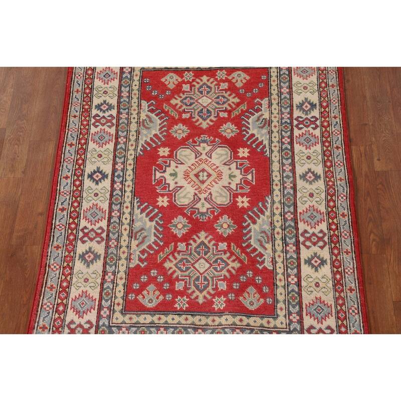 Geometric Kazak Accent Rug Handmade Red Wool Carpet - 3'2"x 5'0"