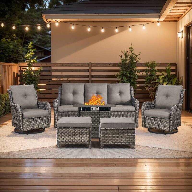 Pocassy Fire Pit Table with 3-Seat Sofa and 2 Swivel Chairs Ottomans - Grey - Grey
