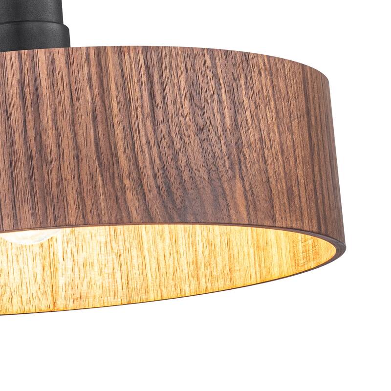 Modern Matte Black Pendant Light with Wood Shade Kitchen Fixture - Dia.12-in