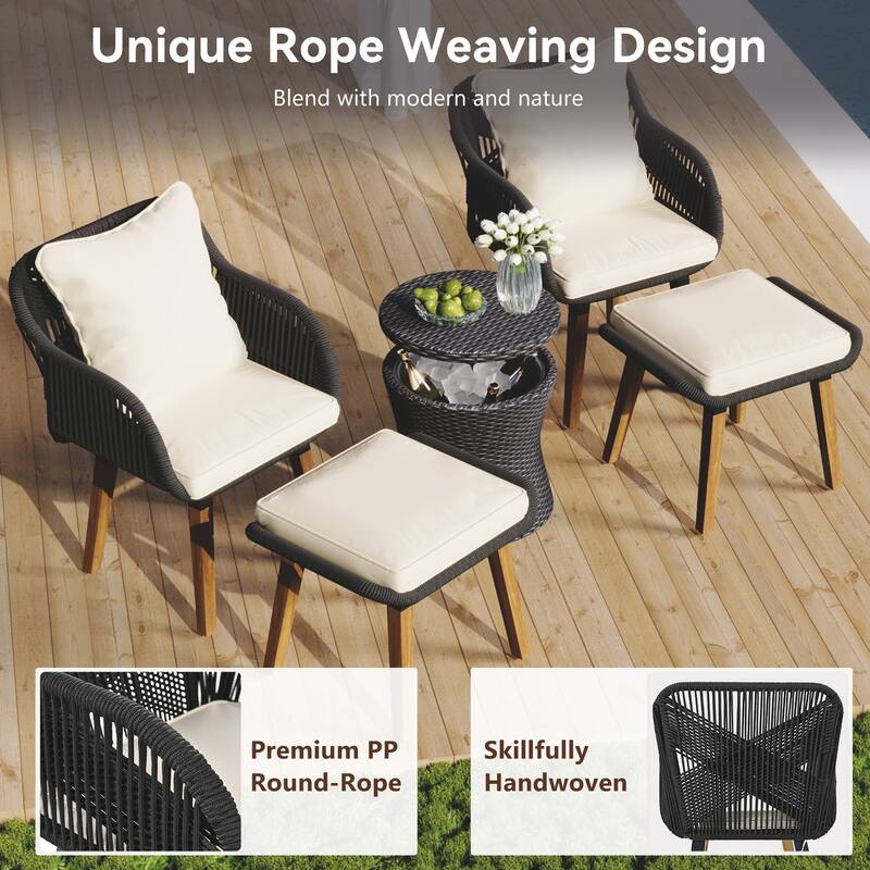 5 Pcs Outdoor Patio Furniture Set, All-Weather Patio Conversation Set with Wicker Cool Bar Table, Single Chairs and Ottomans