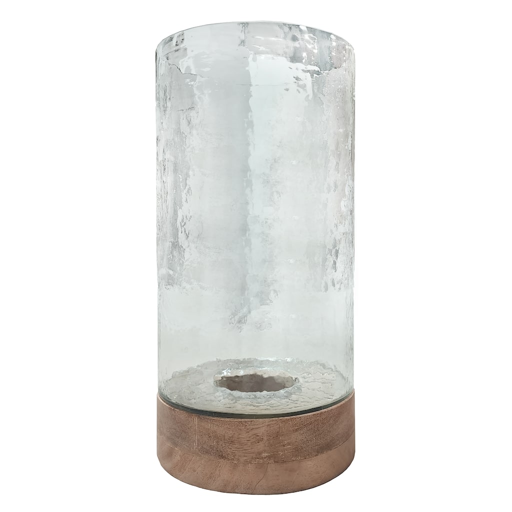 Reeve Hand Carved Mango Wood and Transluscent Hammer Finished Glass Top, 19" Tall Hurricane