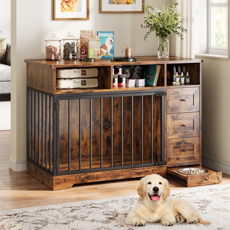 48" Farmhouse Dog Kennel Crate Furniture End Table with Bowl Storage Drawers - Brown