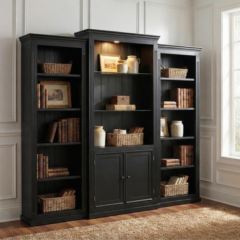 Farmhouse 3-Piece 78.75"Tall Bookcase Cabinet with and 4-Tier Display Shelf Adjustable LED Lighting