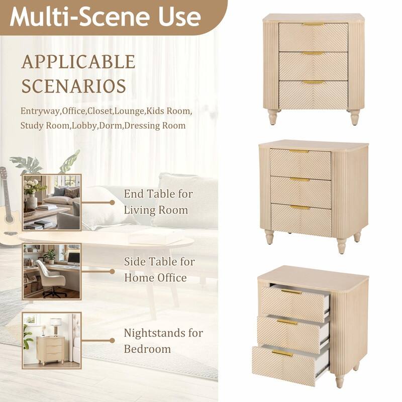 Mid-Century Fluted 3-Drawer Nightstand with Curved Design and Gold Handles