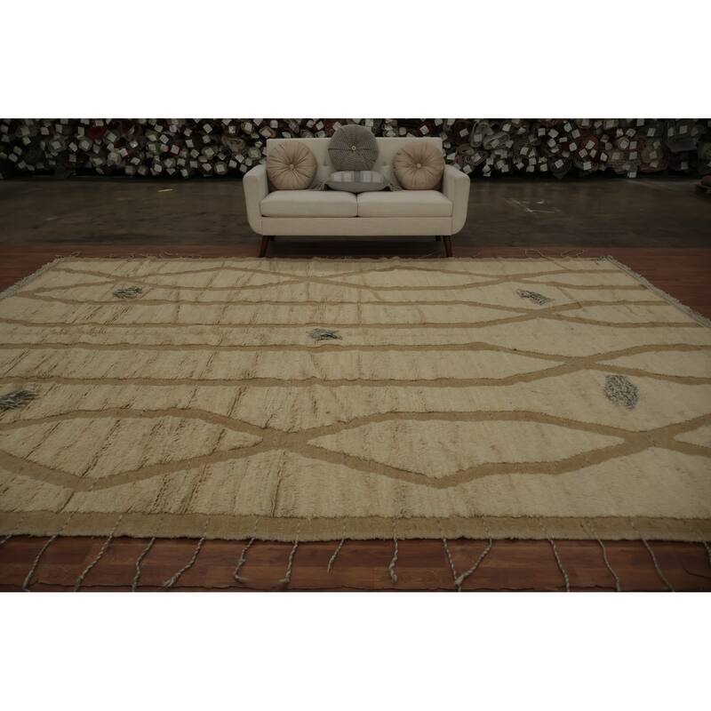 Hand Knotted Oriental 100% Wool Carpet Modern Geometric Beige & Ivories Moroccan Area Rug - 13' 10'' X 10' 2''
