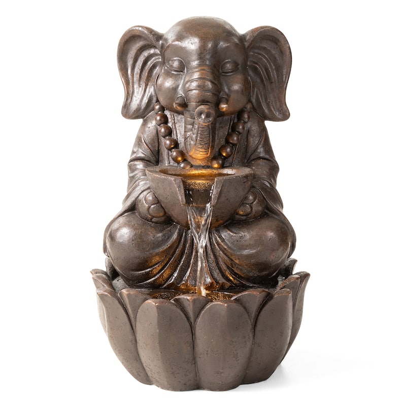 Glitzhome 21.75"H 2-Tiered Lighted Zen Style Frog Elephant Hippo Polyresin Outdoor Fountains - Brown - Elephant
