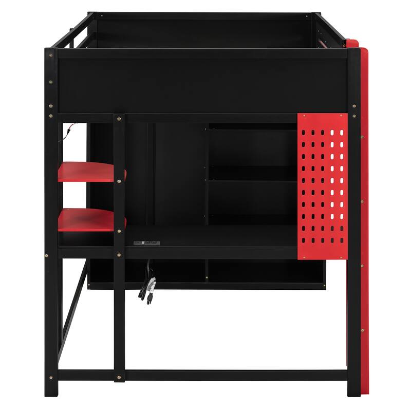 Full Size Gaming Loft Bed with Desk & Wardrobe, Wooden Storage Bed with RGB LED Lighting, Charging Station