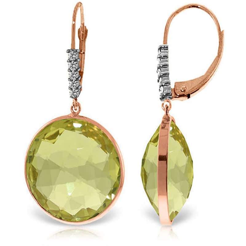 14K Solid Gold Diamonds Earrings w/ Checkerboard Cut Lemon Quartz - Rose