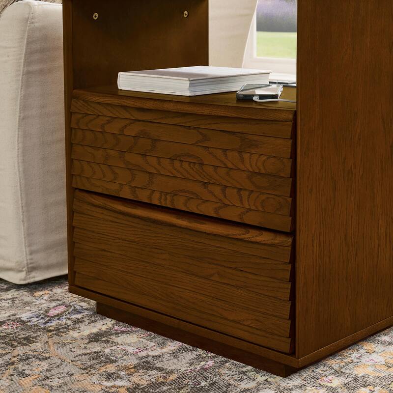 Mid Century Modern Nightstand with Charging Station & Outlet Hole & 2 Solid Wood Drawers