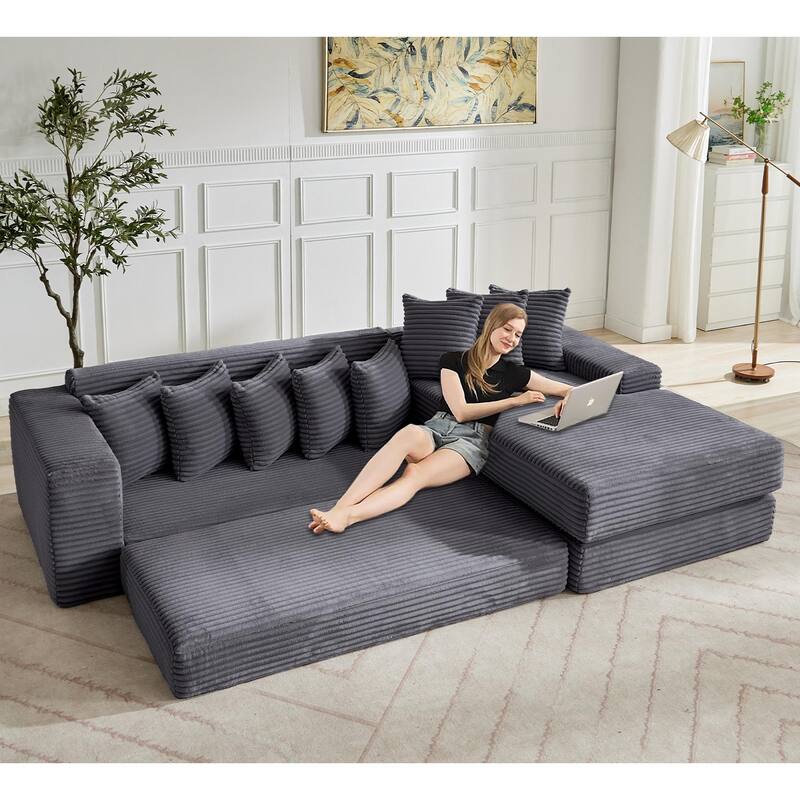 Corduroy L-shaped Chaise Sectional Sofa Convertible Sleeper Sofa Bed