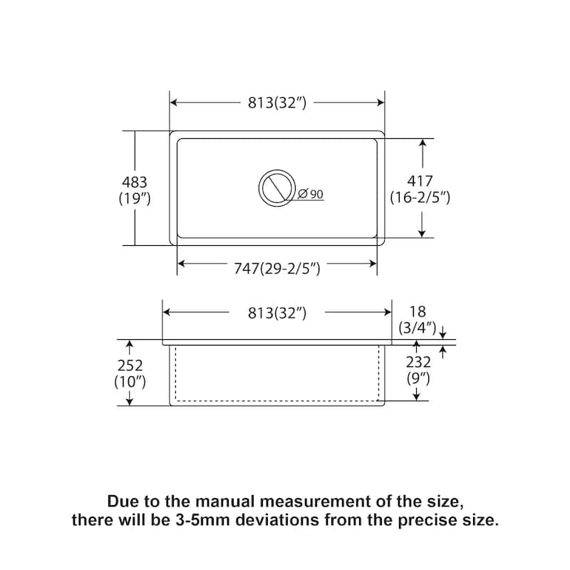 32x19x10 Undermount Single Bowl Fireclay Kitchen Sink Dual Mount White Porcelain Rectangular Deep Single Bowl Sink Basin