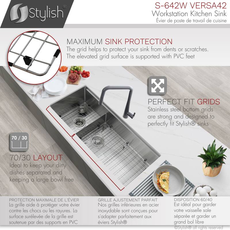STYLISH 42 inches Workstation 70/30 Double Bowl Undermount 16 Gauge Stainless Steel Kitchen Sink with Accessories included