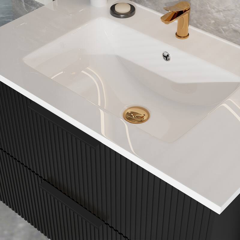 36" Floating Bathroom Vanity with Ceramic Sink - Wall Mounted Fluted Vanity Cabinet with Drawers, Modern Design