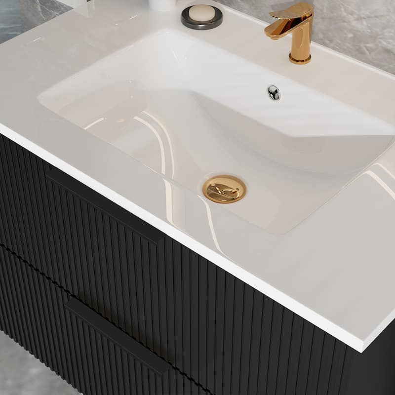 GDFStudio - Tylor Contemporary Bathroom Vanity with Ceramic Basin, Fluted Front & Wall-Mounted Design