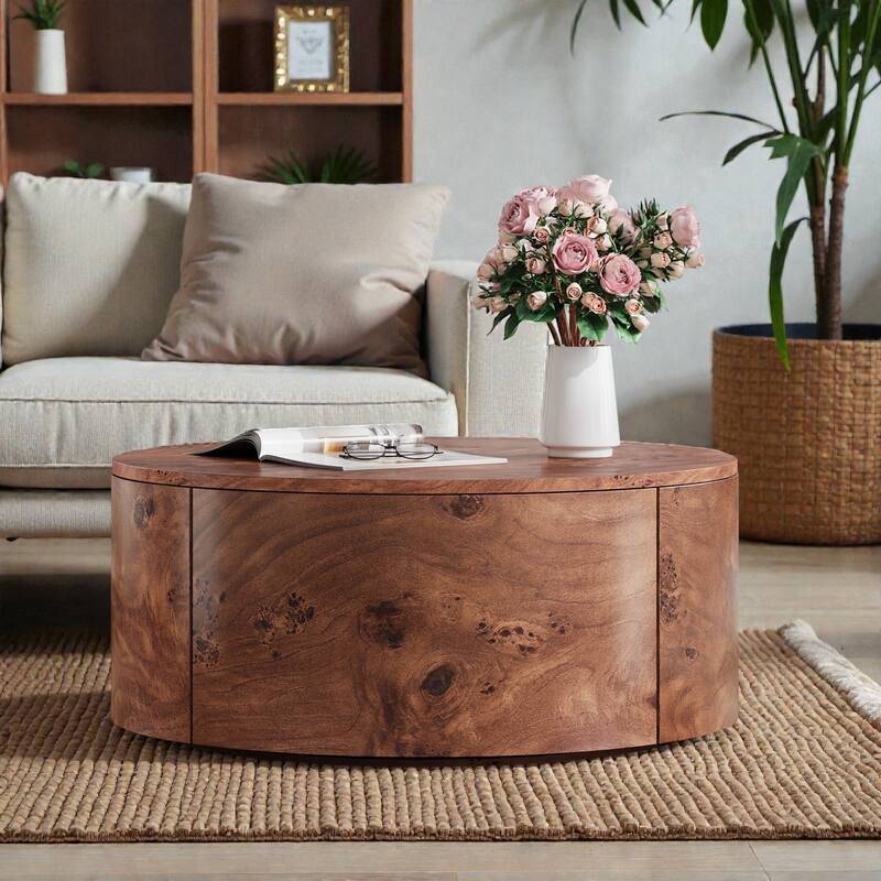 Burl Wood Rotating Coffee Table with 2 Drawers, 28.4 Inch Round Walnut Table with 360 Degree Swivel Top