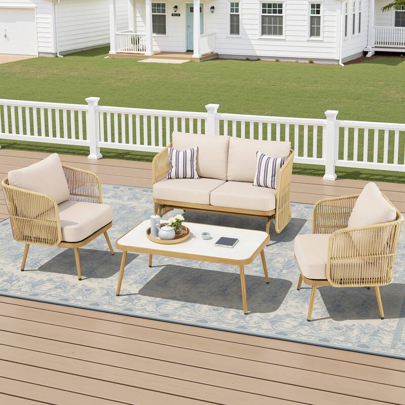 Pocassy Patio Sofa Glider Chair with Coffee Table - Yellow Wicker Beige Cushion - 4-Piece 2-Seat Sofa Patio Chair with Coffee Table