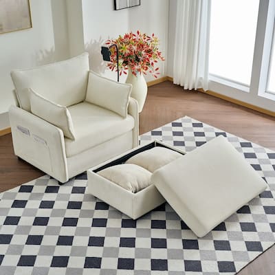 Corduroy Single Sofa Armchair & Storage Ottoman Set with 360° Adjustable Phone Holder, Built-in USB and Side Pockets