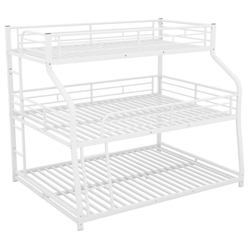 Twin XL Over Full XL Over Queen Triple Bunk Bed 3-tier Metal Bedframe with Long and Short Ladder and Full-Length Guardrails