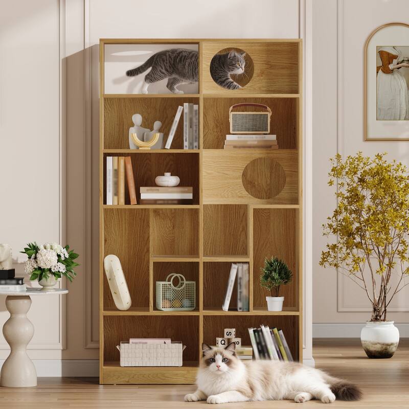 Roomfitters Modern 2 in 1 Wood Bookshelf Cat House, Cat Tree Display Storage Shelf with Litter Box Enclosure