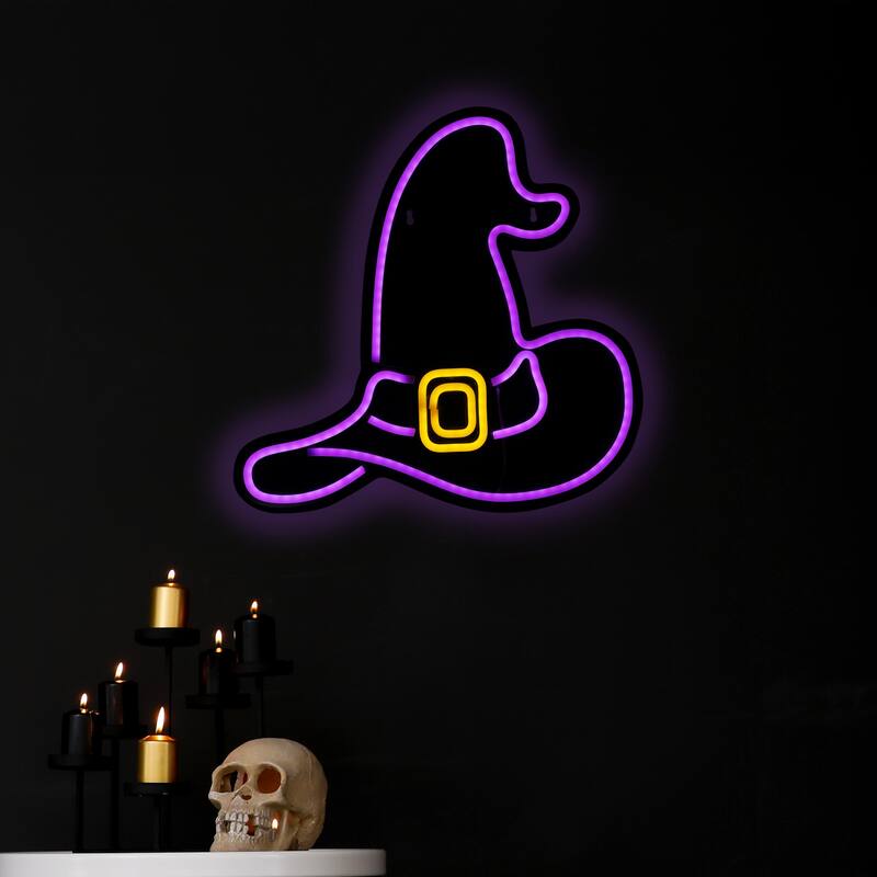 15" Purple LED Neon Style Witch Hat Halloween Window Silhouette