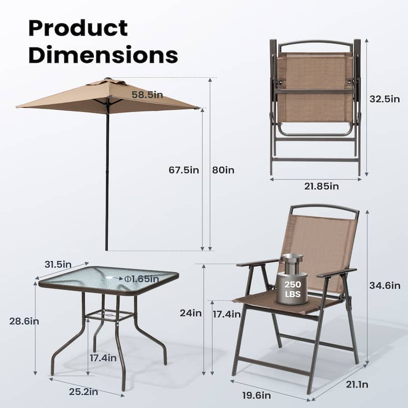 Pellebant 6 Piece Patio Set with Table, Umbrella and 4 Folding Chairs - 22.4"Wx26.8"Dx34.4"H