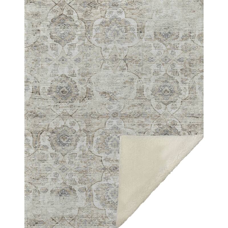 HomeRoots 50" X 70" Linen Coffee And Ivory Damask Microfiber Plush Throw Blanket