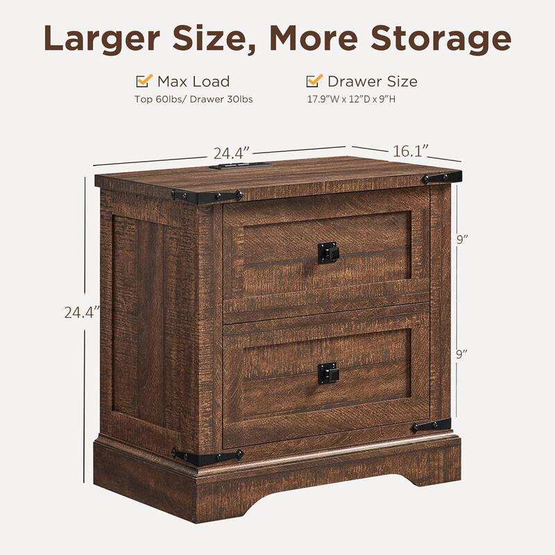 Farmhouse 2 Drawers Nightstand with Charging Station, Large End Table