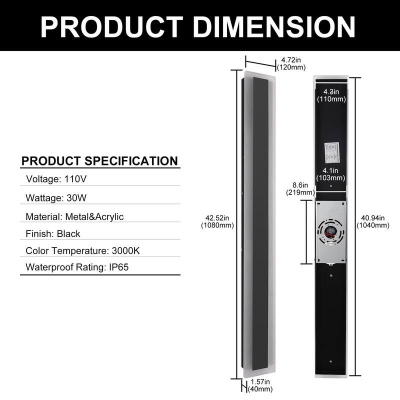 YANSUN 42.52 in. Modern Outdoor LED Wall Light, Slim Linear Black 30W Warm White 3000K,IP65 for Patio, Garden, and Entryway - 4.72*1.57*42.52 - Black