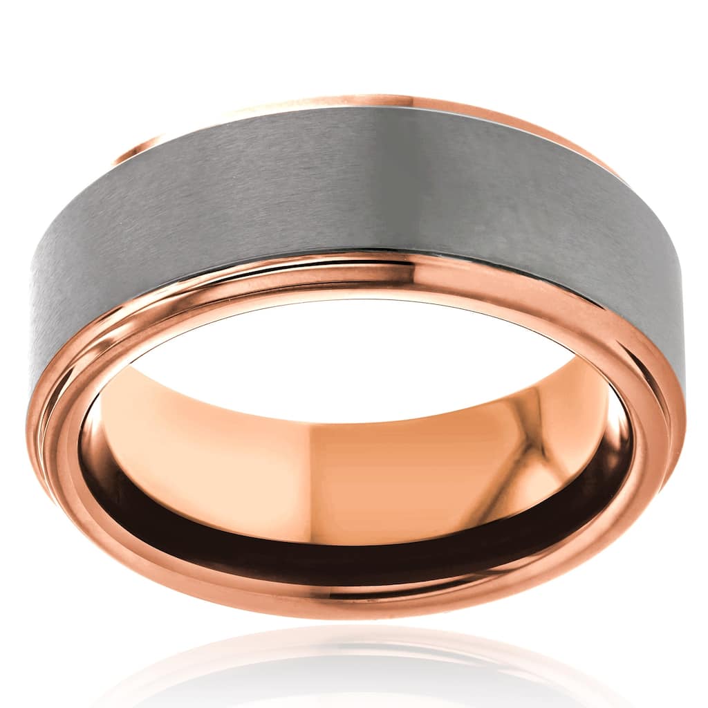 Kobelli 8mm Tungsten Carbide Brushed Matte Surface & Glossy Sleeve Comfort Fit Kyle Ring - Black-Black or Gunmetal-Rose