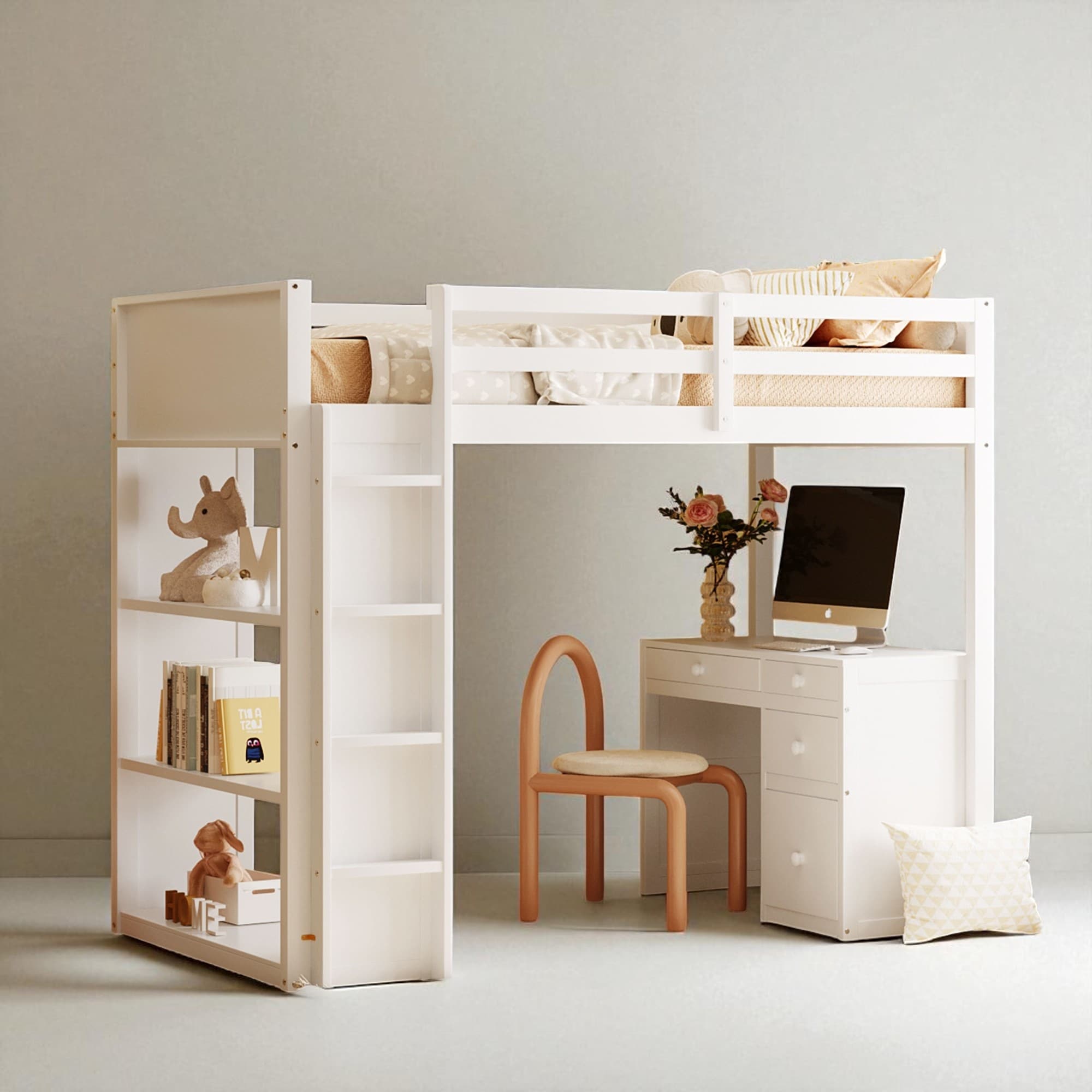 Full/Twin Size Loft Bed with Ladder, Desk, Shelves, and Drawers, Solid Wood Frame for Kids or Teens