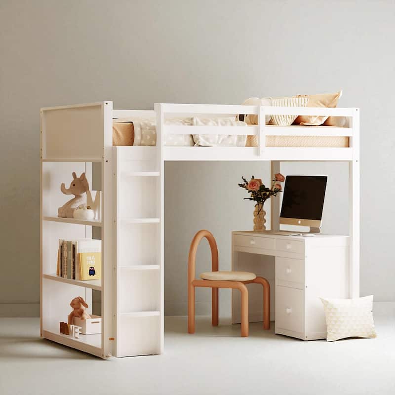 Full/Twin Size Loft Bed with Ladder, Desk, Shelves, and Drawers, Solid Wood Frame for Kids or Teens - White - Twin