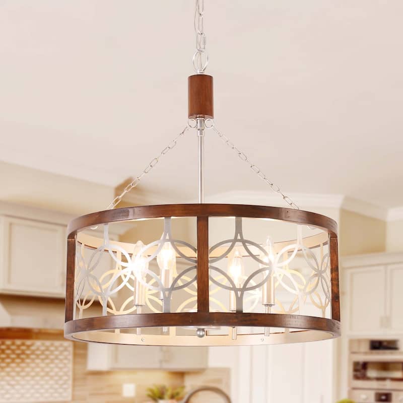 Cusp Barn 4-Light Rustic Wood Chandelier Shabby Hanging Lamp Farmhouse Drum Pendant Light Fixtures for Entryway