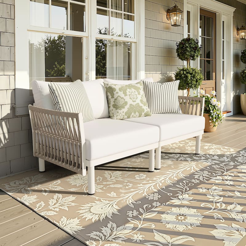 Outdoor Modular All-Weather Aluminum Cushioned Sectional Sofa Set with Deep Seating Patio Conversation Set - Beige - 2PC