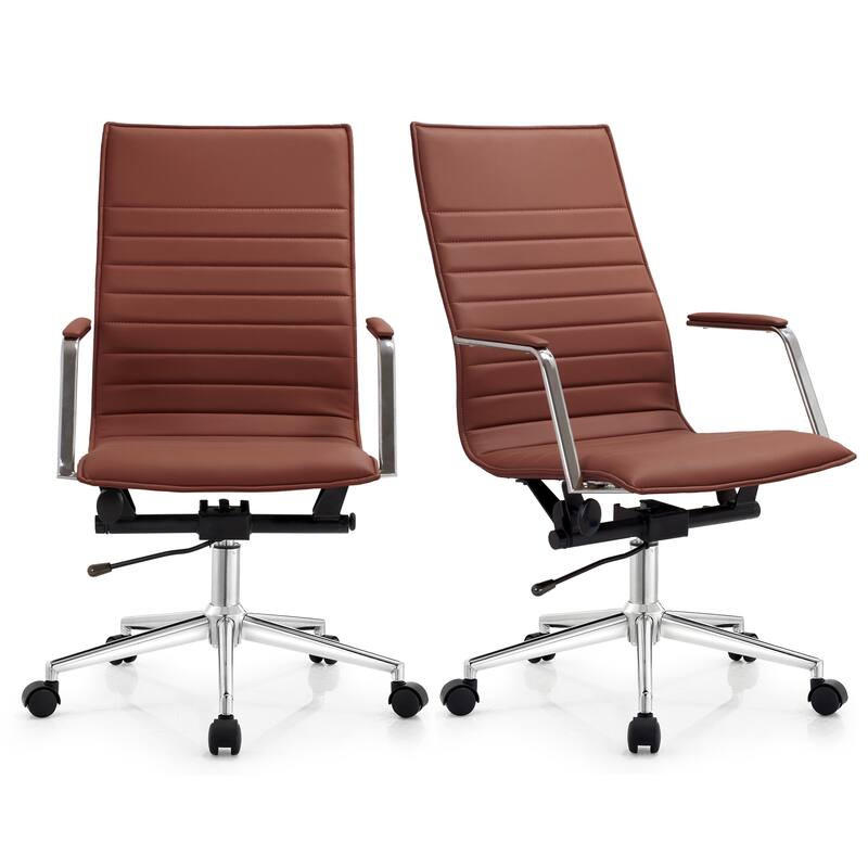 Set of 2 High Back Office Desk Chair | Upholstered Ribbed PU Leather | Armchair for Home, Executive, Conference, Meetings - Brown