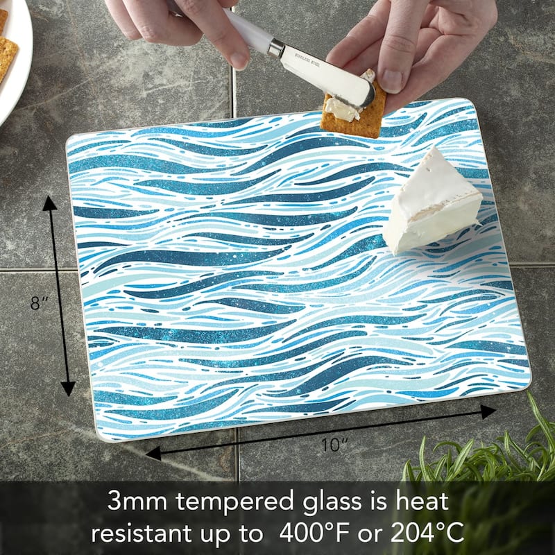 Wavy Waves 3mm Heat Tolerant Tempered Glass Cutting Board 10” x 8” Manufactured in the USA Dishwasher Safe