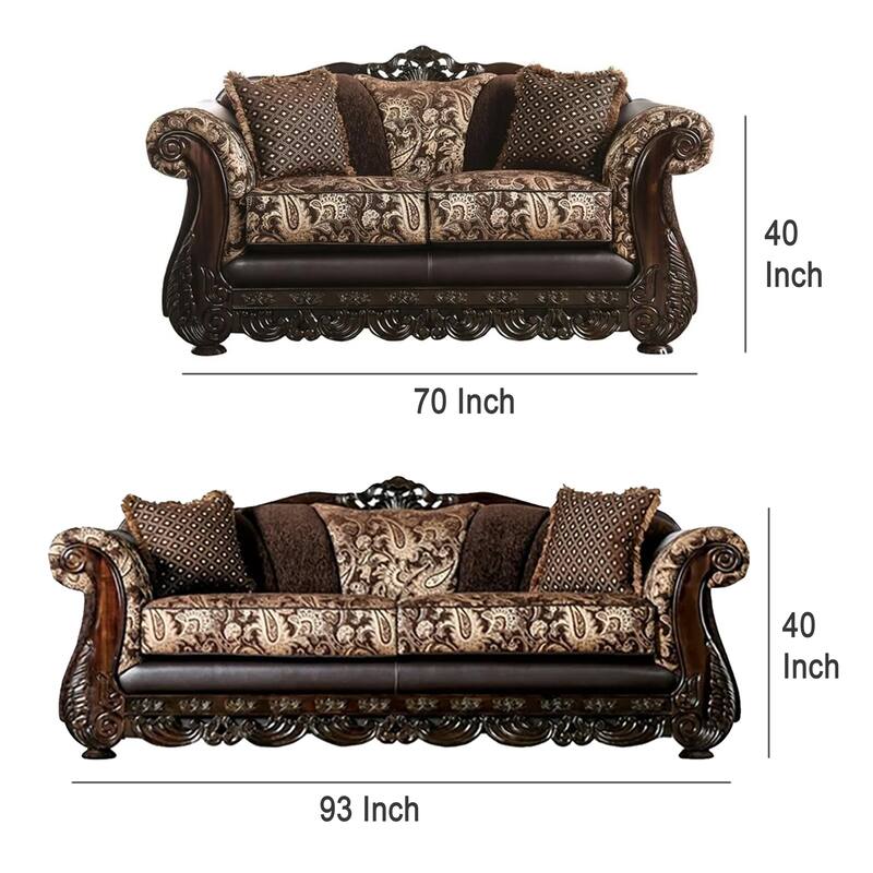 Delie 2pc Sofa Loveseat Set, Brown Gold Chenille, 4 Accent Pillows