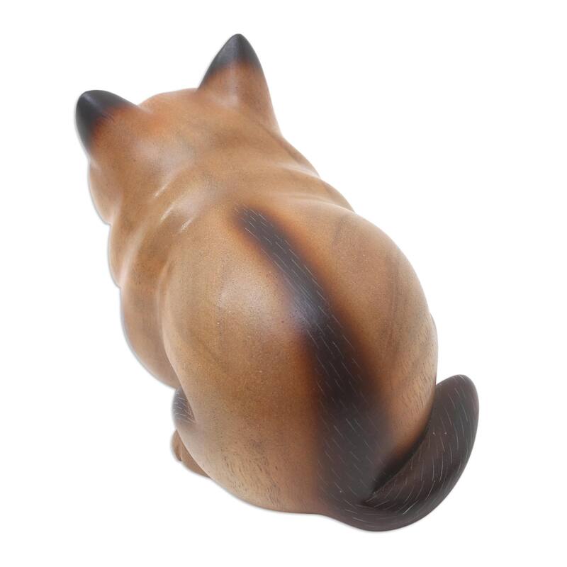 Novica Handmade Fat Cat In Brown Wood Statuette