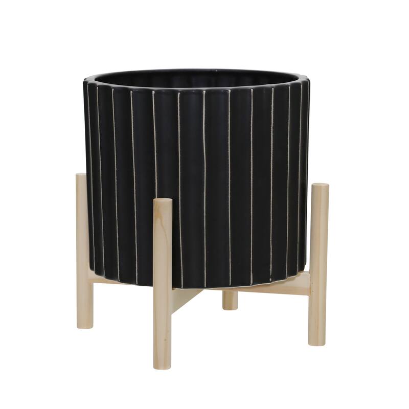 Black Handmade Ceramic Planter with Wood Stand and Fluted Design - 10.0" x 10.0" x 12.0" - 10.0" x 10.0" x 12.0" - Black