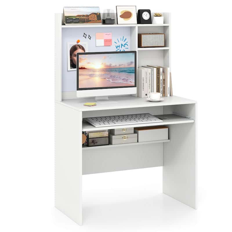 Costway Computer Desk with Hutch Space Saving Laptop Desk with - See Details - White - See Details