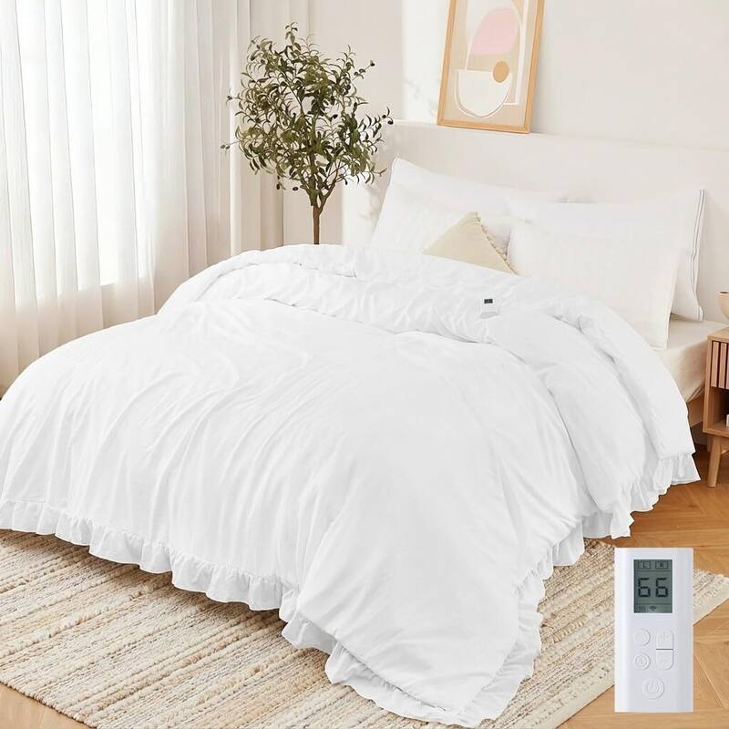 90"x104" Heated Comforter Blanket, Ruffle Electric Quilt Fast Heating King Size, White - White