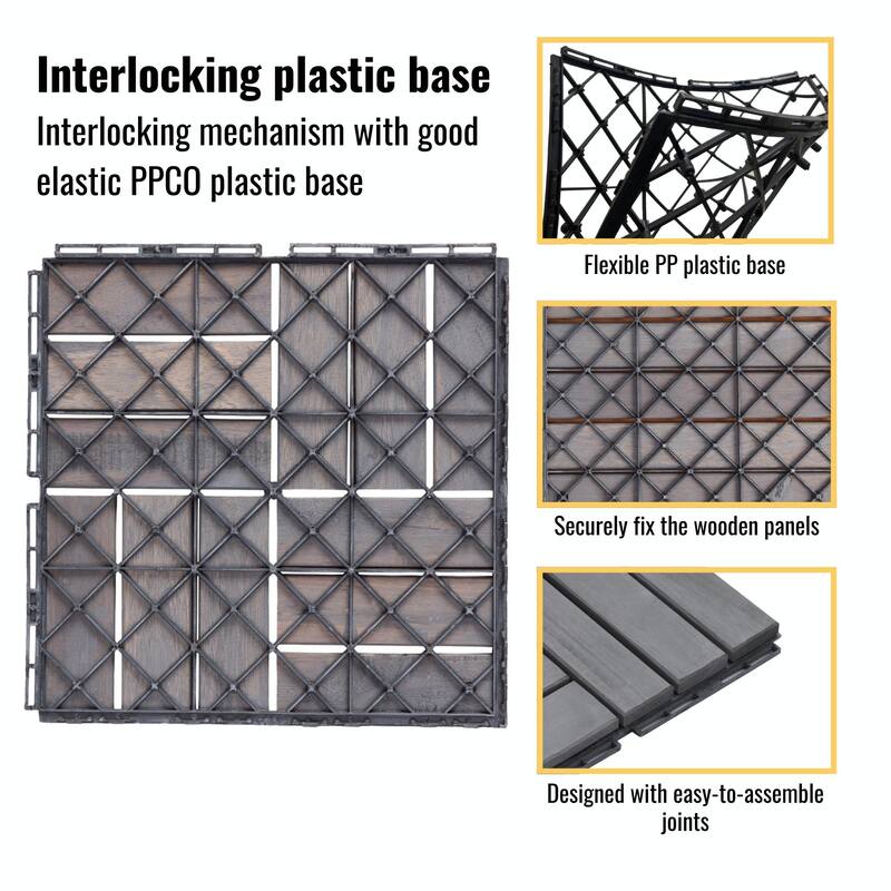 Interlocking Deck Tiles Checker Pattern, 12" x 12" Square Acacia Hardwood Outdoor Flooring