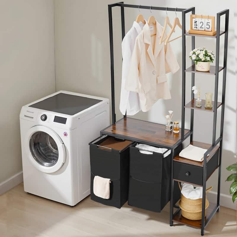 3-Tier Laundry Sorter with Rack Tall Laundry Hamper with Shelves 2 Section - 37.01 x 15.35 x 66.14 in