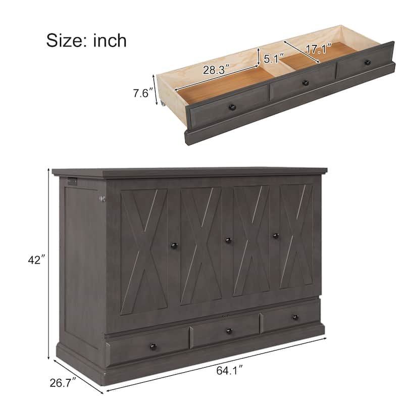 Murphy Bed Chest Cube Cabinet Bed with Charging Station and Large Storage Drawer