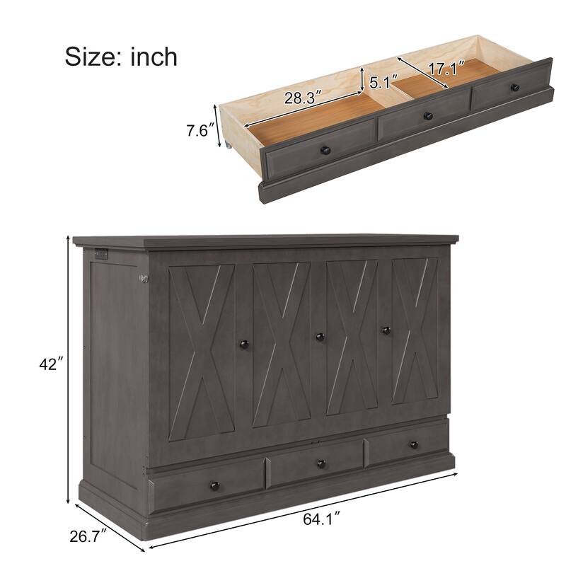 Solid Pine Murphy Bed Chest Cube Cabinet Bed with Charging Station and Large Storage Drawer for Home Office or Small Room