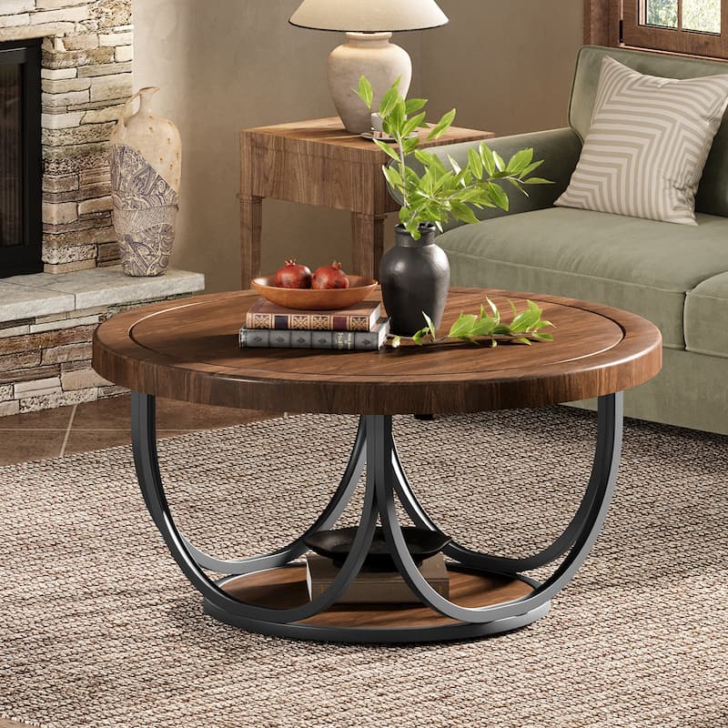 2-Tier Round Coffee Tables for Living Room, 31.5" Wooden Circle Accent Cocktail Table with Shelf - 35.4"L x 35.4"W x 17.3"H