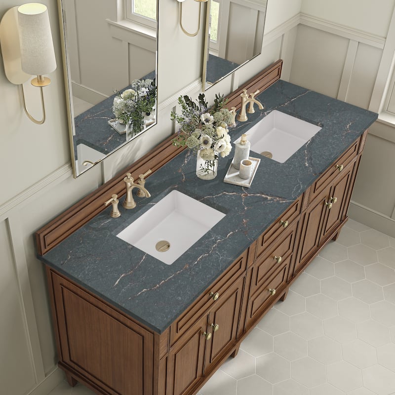 James Martin Vanities Lorelai 72"Double Vanity, Mid-Century Walnut - Parisien Bleu.