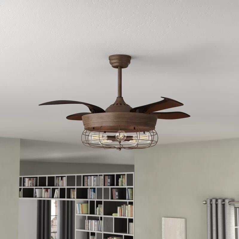 Rustic 46 Inch Oak Foldable 4 Blades Cage Ceiling Fan With 5 Lights